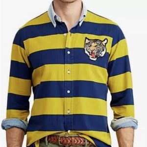Polo Ralph Lauren Striped Tiger Patch Rugby Button shirt sz L yellow&blue